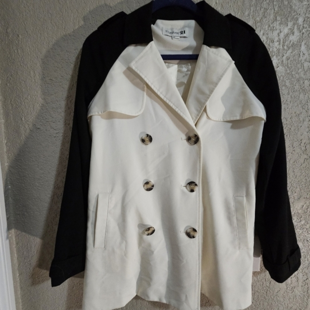 Forever‎ 21 Womens Colorblock Trench Coat Cream Black Double Breasted Small